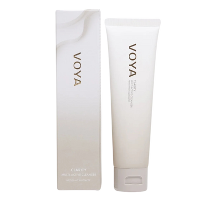 Voya Clarity MultiActive Cleanser, white tube packaging with flip cap