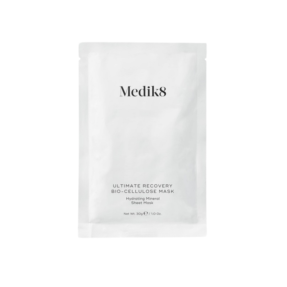 Medik8 ultimate recovery io-cellulose sheet mask, foil sachet packaging, Visibly restore dry, irritated or post-treatment skin with this intensely hydrating mineral sheet mask