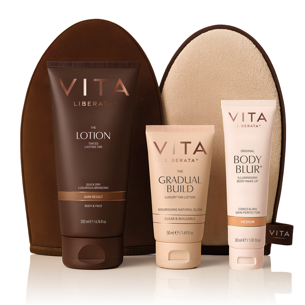 Vita Liberata tanning products including lotion, gradual build, and body blur with a brown pouch on a white background.
