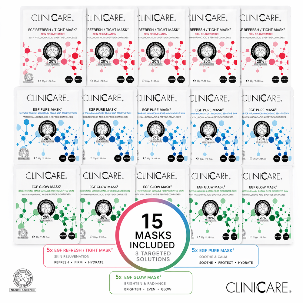 ClinicCare EGF Refresh, Pure and Glow sheet masks laid out in three rows of five — 15 masks total