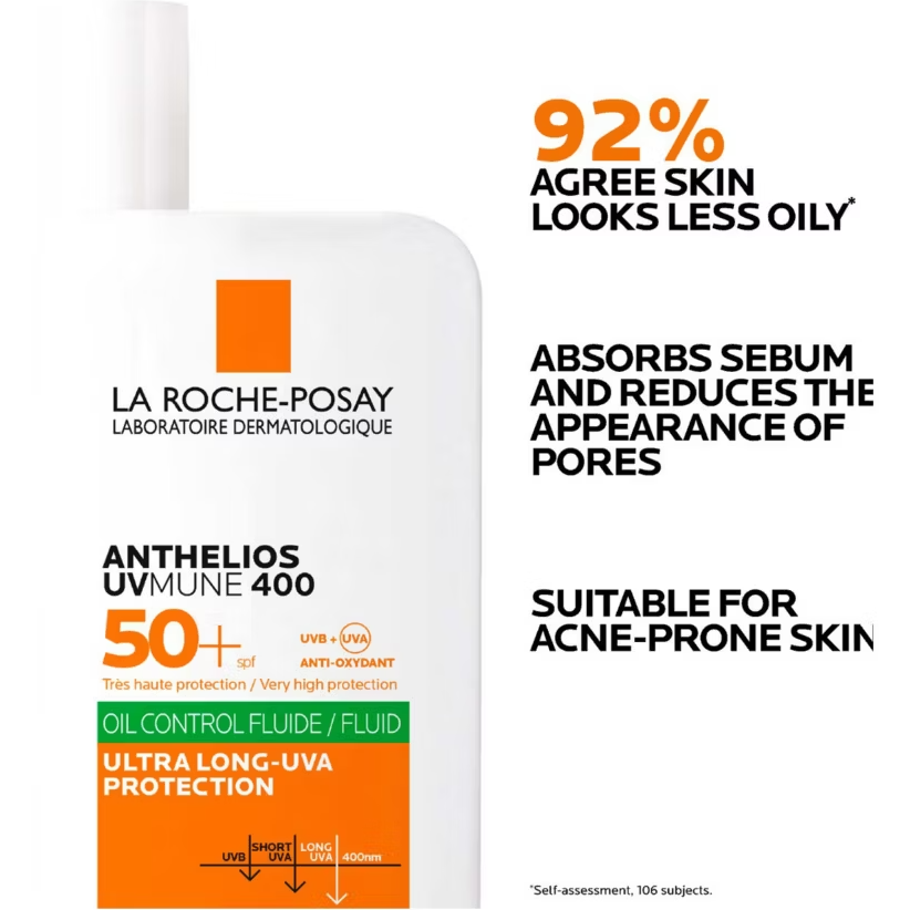 La Roche Posay Anthelios UVMune Oil Control fluid spf50+ 50ml bottle with text on benefits of the products