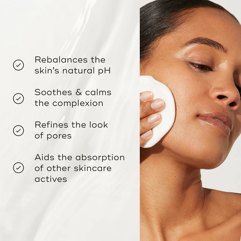 Medik8 daily refresh balancing toner, white bottle with cap, inforgraphic, soothes and calms complexion, aids absobtion of skincare actives, rebalances pH, deeply hydrates, effective antibacterial and anti-inflammatory properties, suitable for the most sensitive skins, leaves complexion calm, conditioned, rebalanced