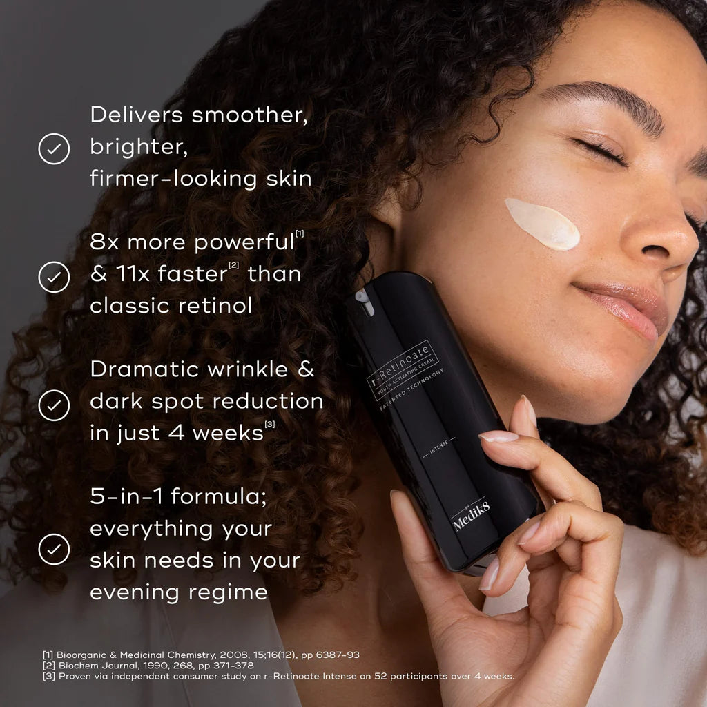 Woman applying r-Retinoate Intense whilst holding the product with product benefit details on a dark background