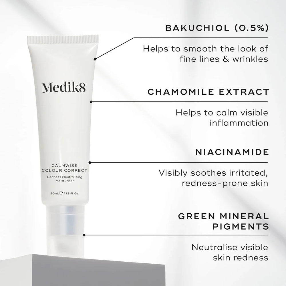 Medik8 Calmwise Colour Correct tube with key ingredients (Bakuchiol 0.5%, Chamomile Extract, Niacinamide, Green Mineral Pigments)