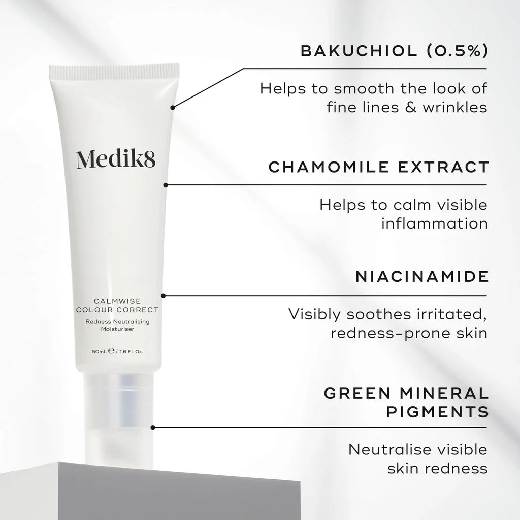 Medik8 Calmwise Colour Correct tube with key ingredients (Bakuchiol 0.5%, Chamomile Extract, Niacinamide, Green Mineral Pigments)