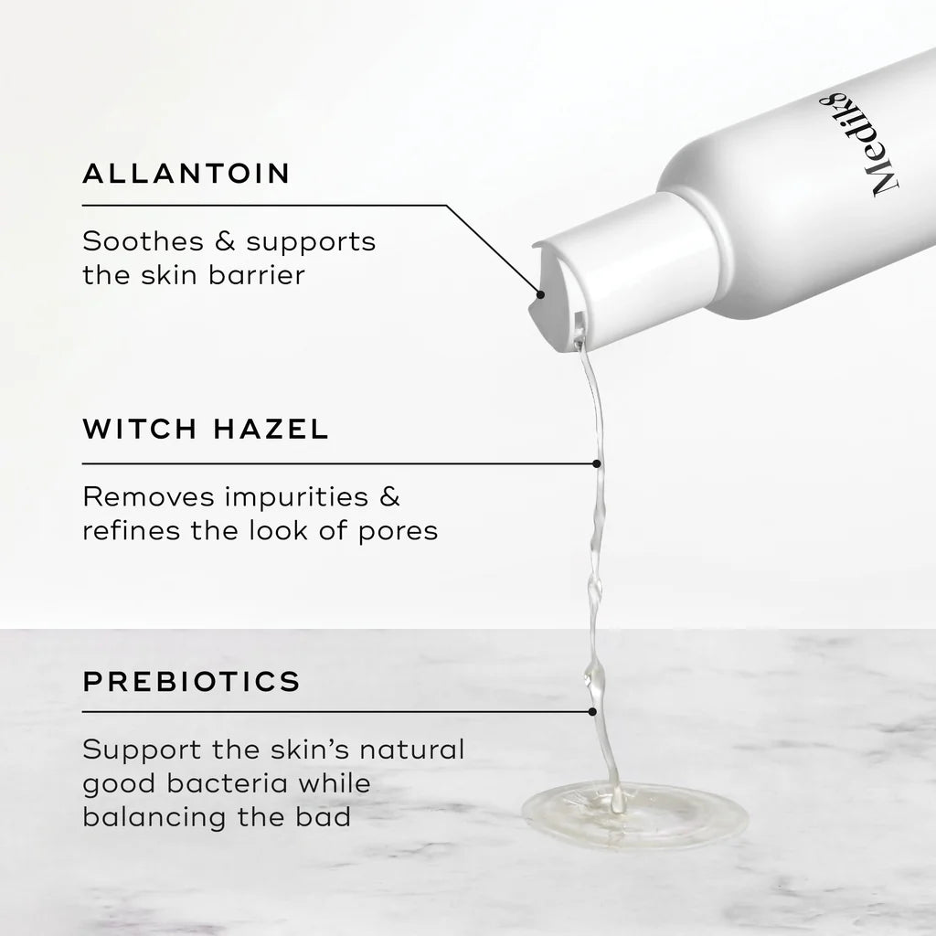 Medik8 Medik8 daily refresh balancing toner, white bottle with cap, prebiotics, allanton, soothes and supports skin barrier, witch hazel, removes impurities, refines pores, supports skin's natural good bacteria, Free from drying alcohols, rebalances pH, deeply hydrates, effective antibacterial and anti-inflammatory properties, suitable for the most sensitive skins, leaves complexion calm, conditioned,