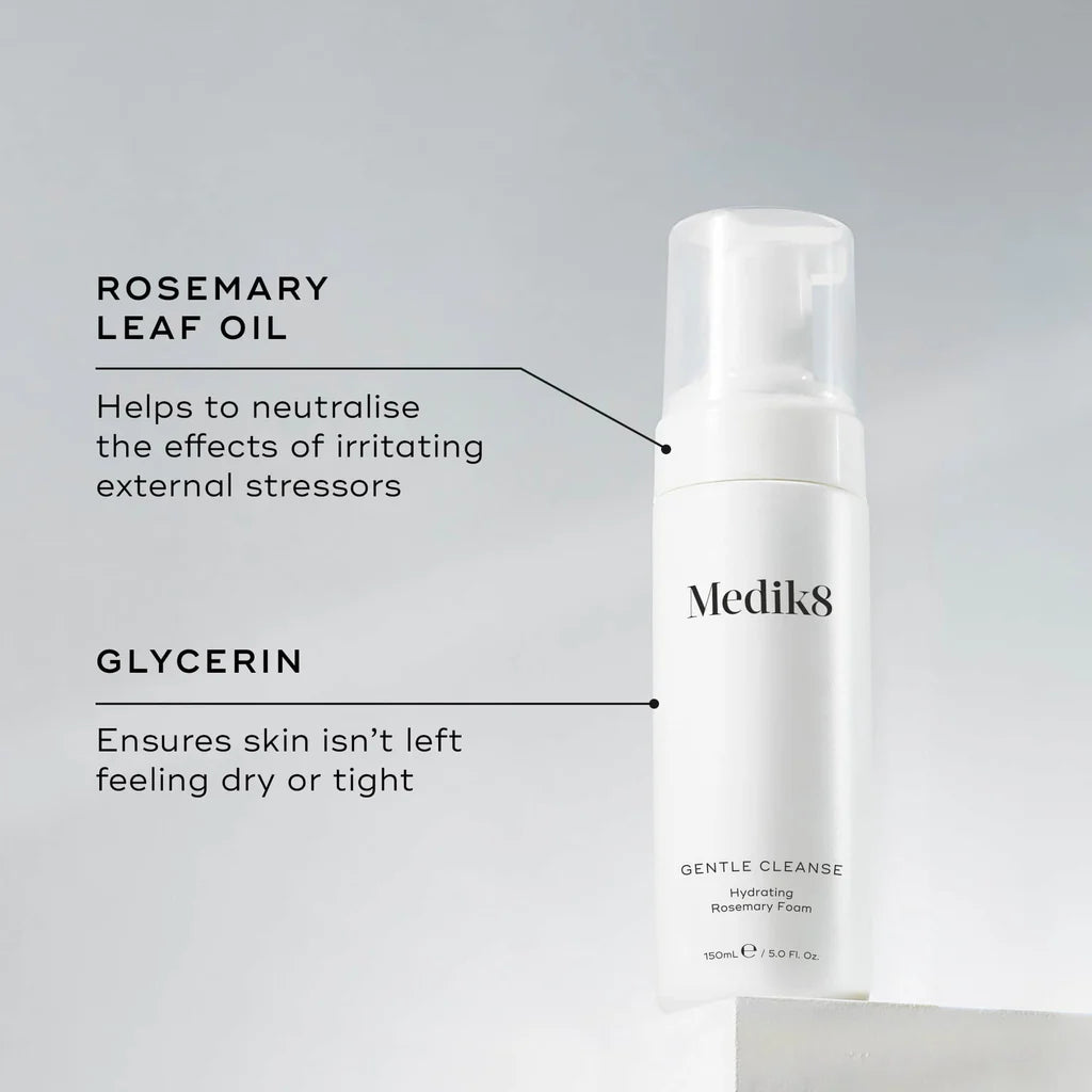 medik8 gentle cleanse ingredient infographic, rosemary leaf oil, neutralises the effects of irritating external stressors, glycerin, ensures skinisn't left dry or tight, white plastic pump bottle with lid, clear plastic cap,