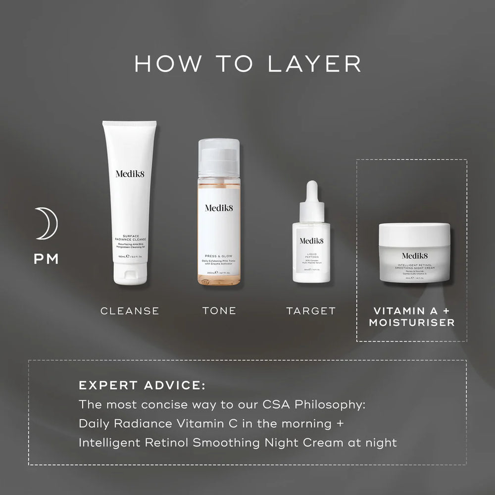 Skincare product lineup with 'How to Layer' guide on a dark background