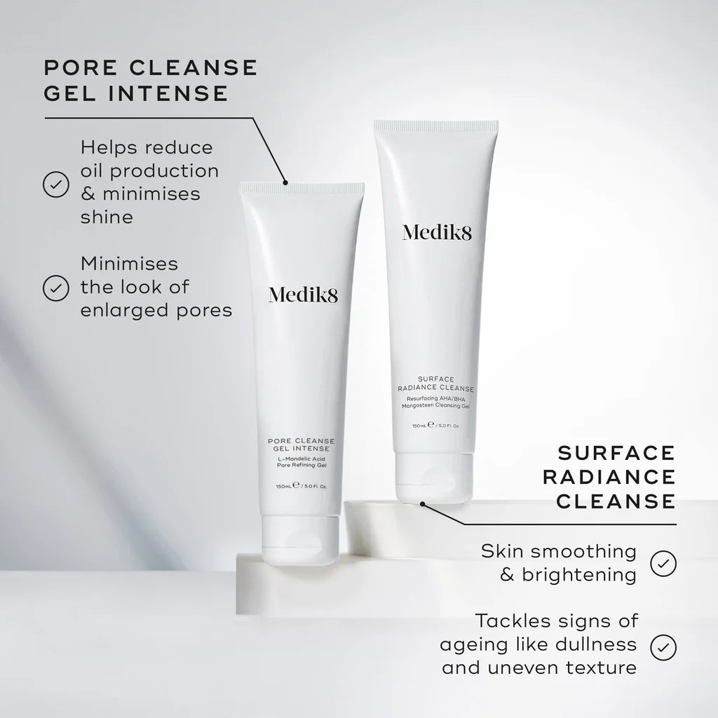 Product photo with comparison of the Medik8 Pore Cleanse Gel Intense and Medik8 Surface Radiance Cleanse showing benefits of both