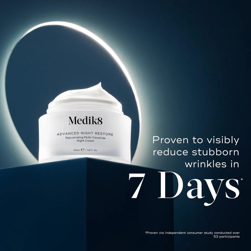 Medik8 skincare cream jar with promotional text on a dark background
