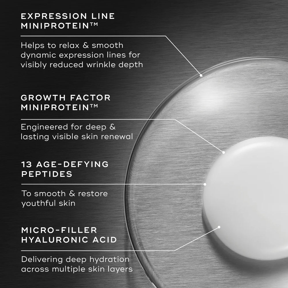 medik8 liquid peptides advance MP, infographic image detailing results, growth factor miniprotein, micro-filler hyaluronic acid, advanced wrinkle treatment, topical application, clinically proven results, expression line miniprotein
