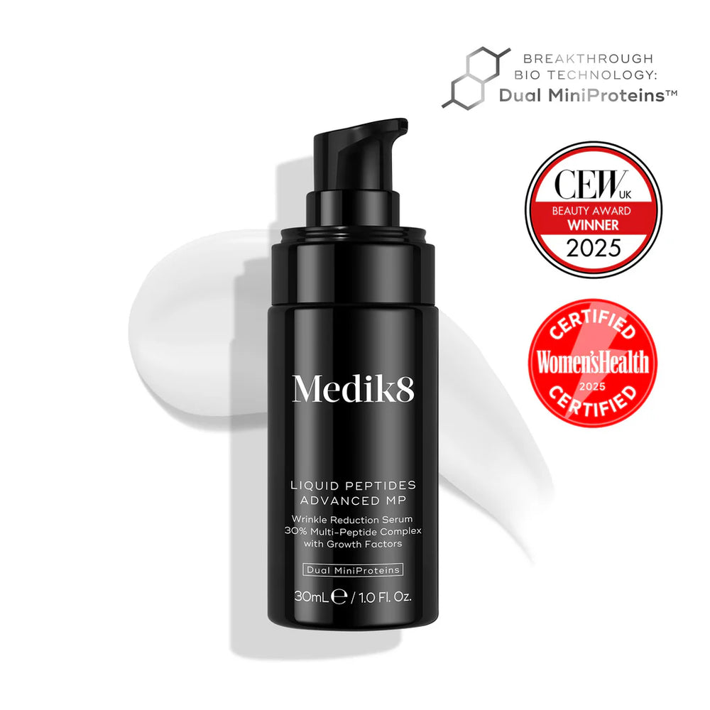 medik8 liquid peptides advance MP, black pump bottle, infographic image detailing results, advanced wrinkle treatment, topical application, clinically proven results,certified by women's health, CEW beauty ward winner