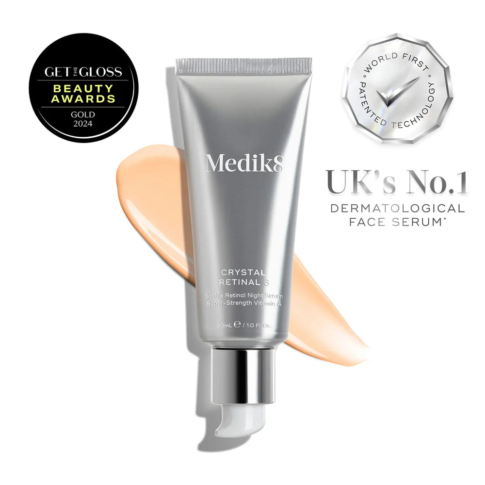 Medik8 Crystal Retinol serum tube with awards and text on a white background