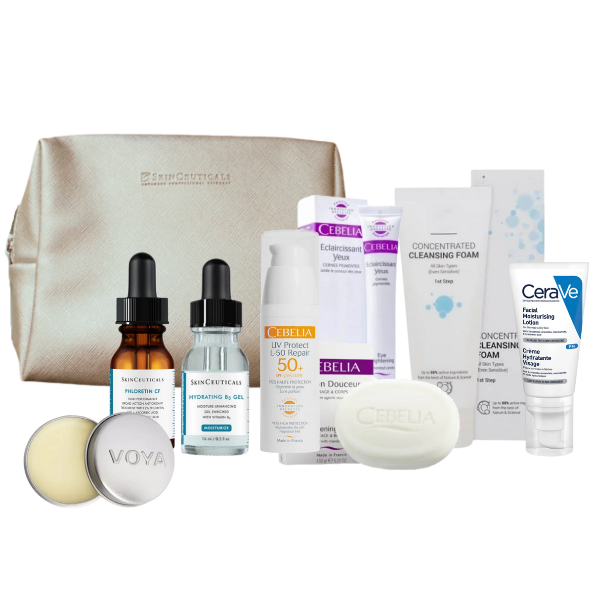 Collection of skincare products including bottles, jars, and a pouch on a white background