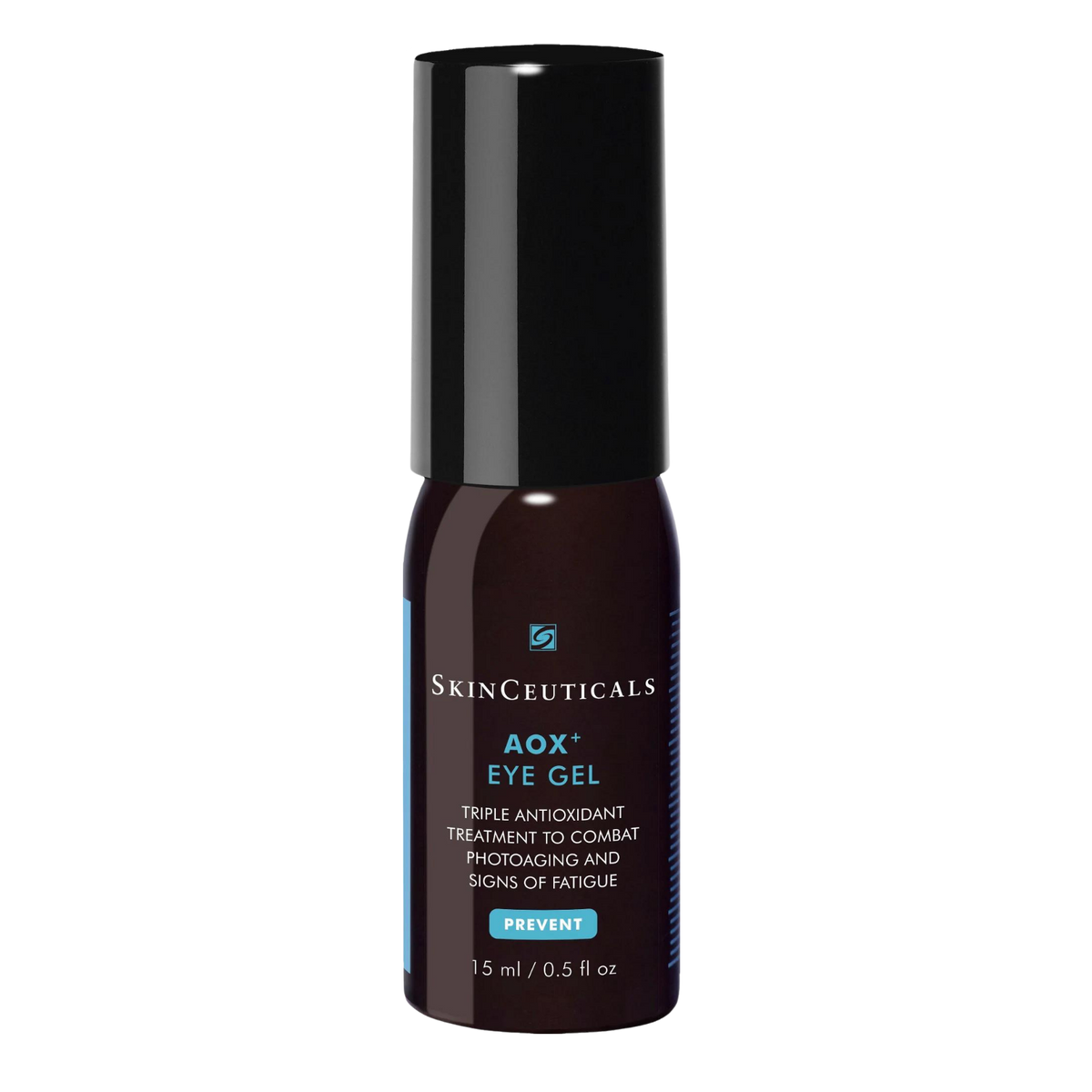 A bottle of SkinCeuticals AOX+ Eye Gel, which is a skincare product designed to diminish the appearance of wrinkles and dark circles around the eye area.