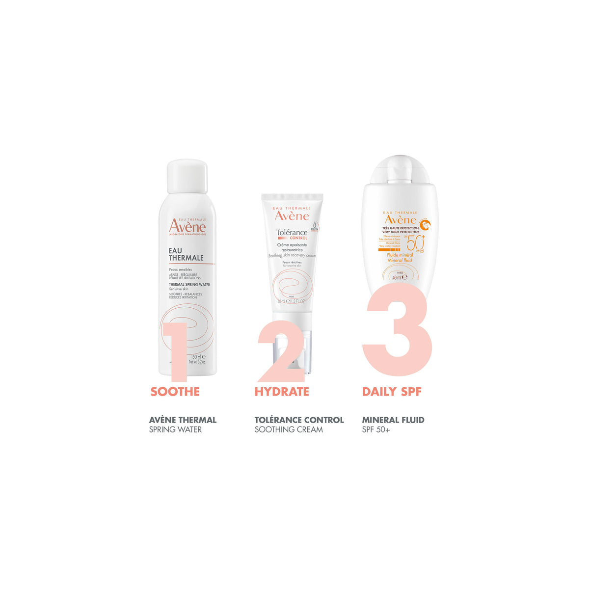 Three Avene skincare products on a white background