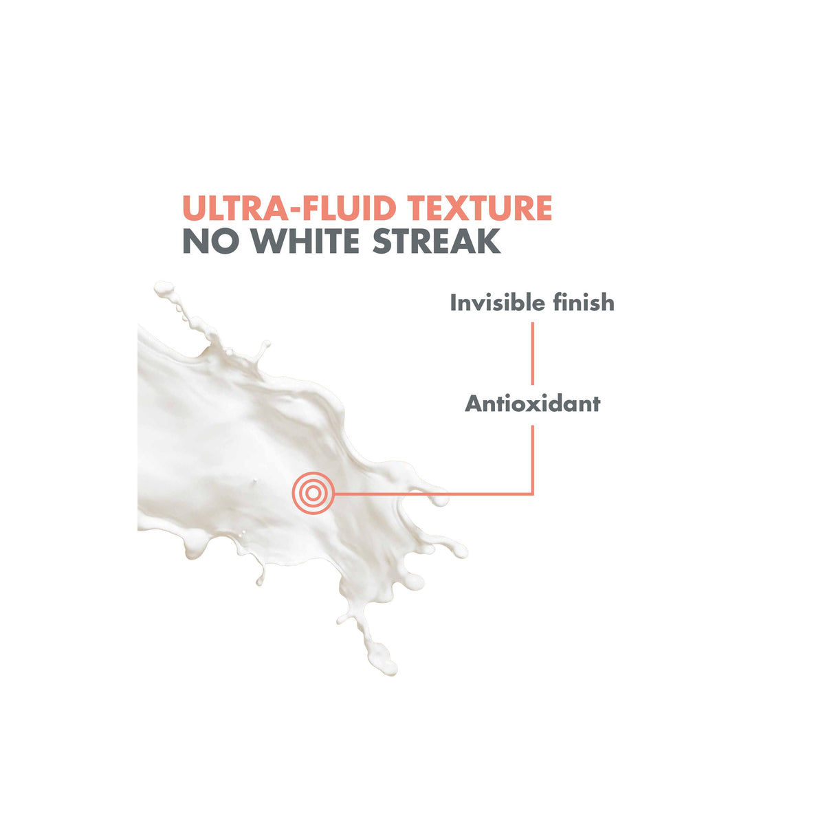 White liquid splashing with text on ultra-fluid texture and benefits on a light gray background