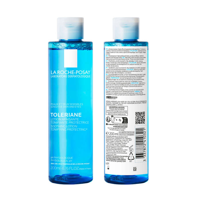 Two blue bottles of La Roche-Posay Toleriane lotion on a white background