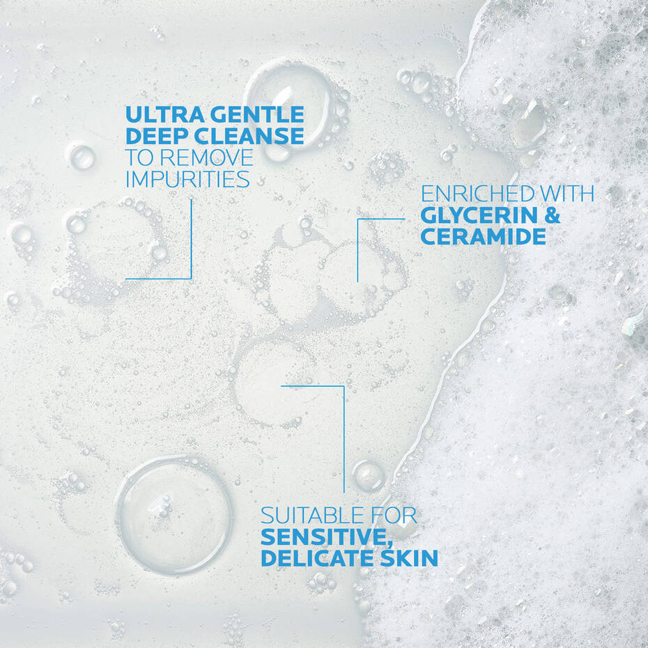 Product packaging with text about ultra gentle deep cleanse, glycerin, ceramide, and suitability for sensitive skin.