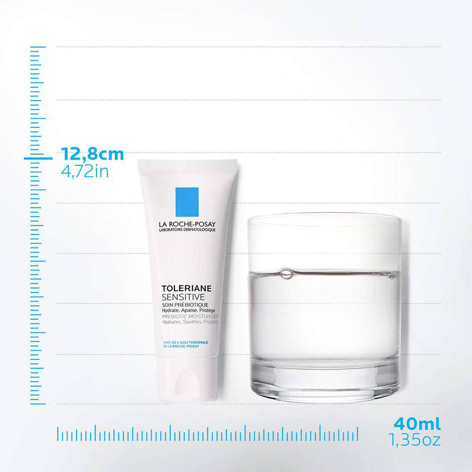 La Roche-Posay Toleriane Sensitive skincare products with measurement scale on a white background