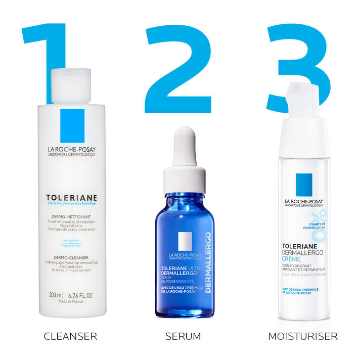 Three La Roche-Posay skincare products labeled 'Cleanser', 'Serum', and 'Moisturizer' on a white background.