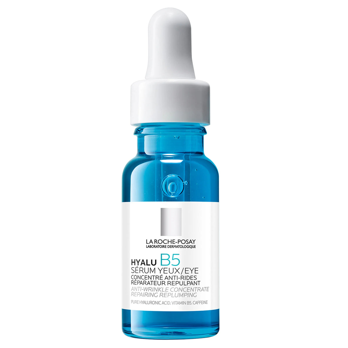 Blue serum bottle with dropper labeled 'La Roche-Posay Hyalu B5' on a white background