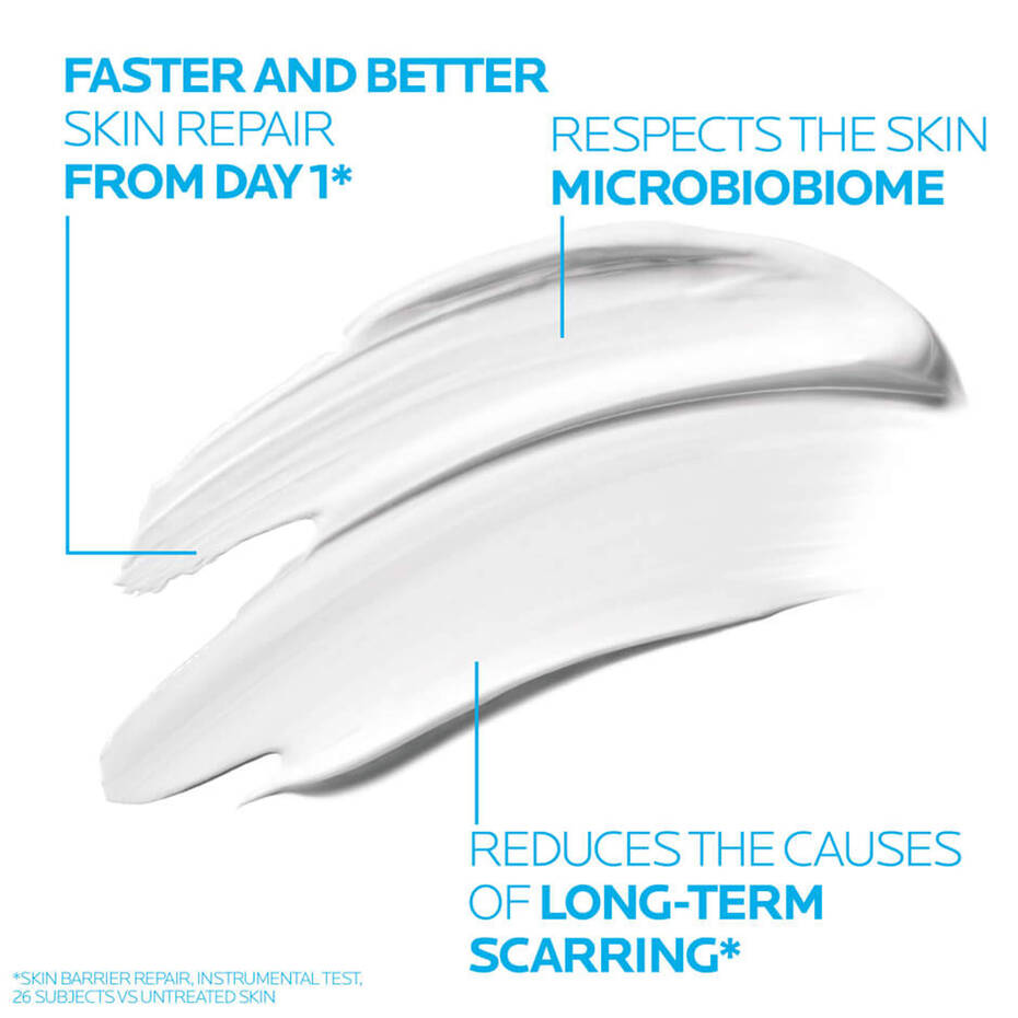 White cream with text highlighting skin repair benefits on a white background