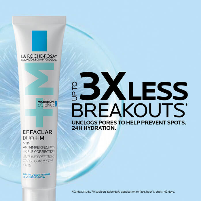 La Roche-Posay Effaclar Duo+M tube with promotional text on a light blue background