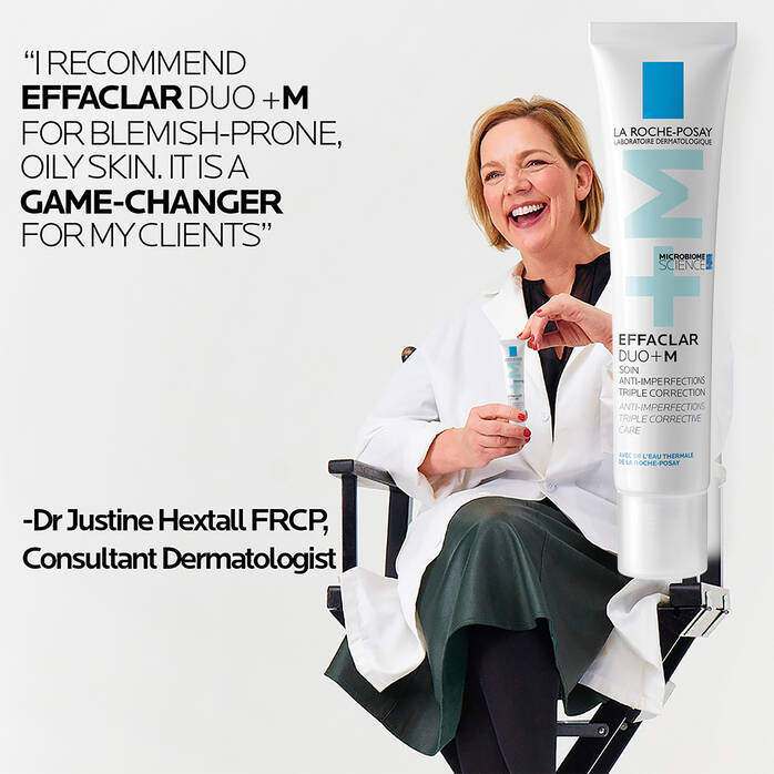 Woman holding La Roche-Posay Effaclar Duo + M with text about the product's benefits.