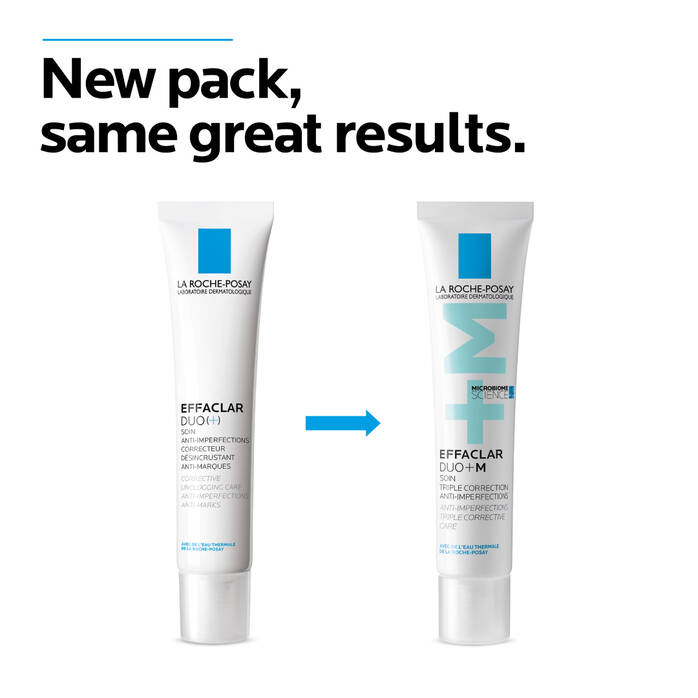 Two tubes of La Roche-Posay Effaclar Duo+ with a blue arrow pointing to the new packaging.