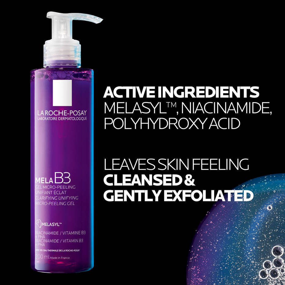La Roche-Posay Mela B3 skincare product with active ingredients listed on a black background