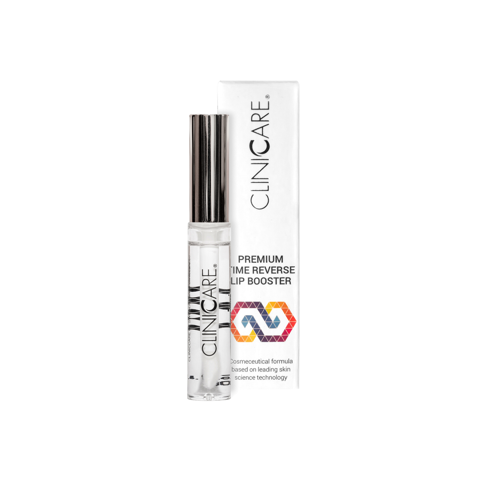 ClinicCare Premium Time Reverse Lip Booster tube and box on black background
