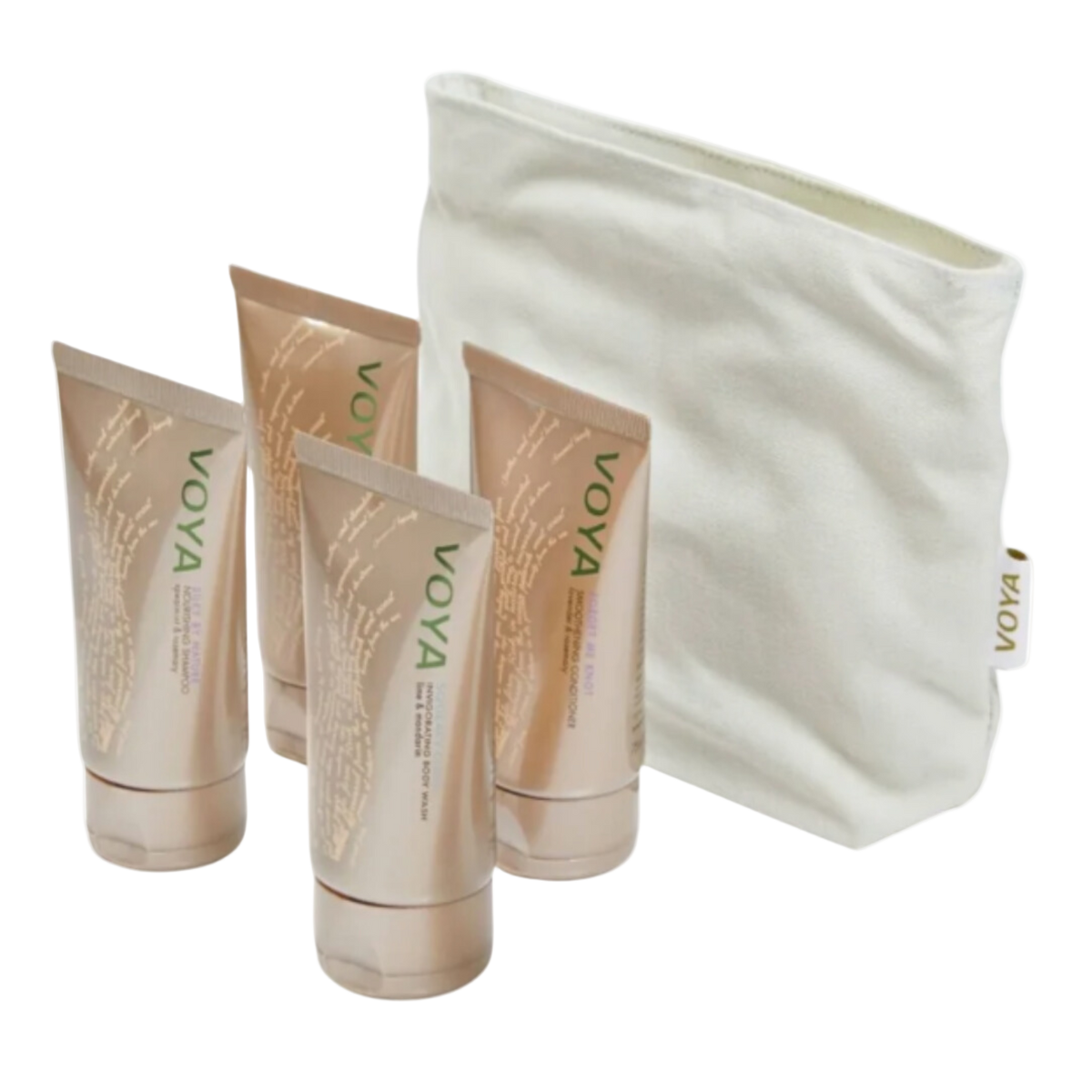 Set of Voya skincare products including tubes and a pouch on a white background