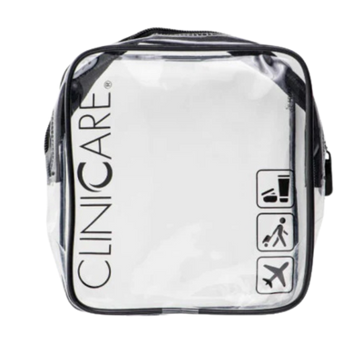 ClinicCare clear travel toiletry bag with black zip and travel icons on white background
