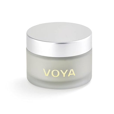 Voya jar with silver lid on a white background