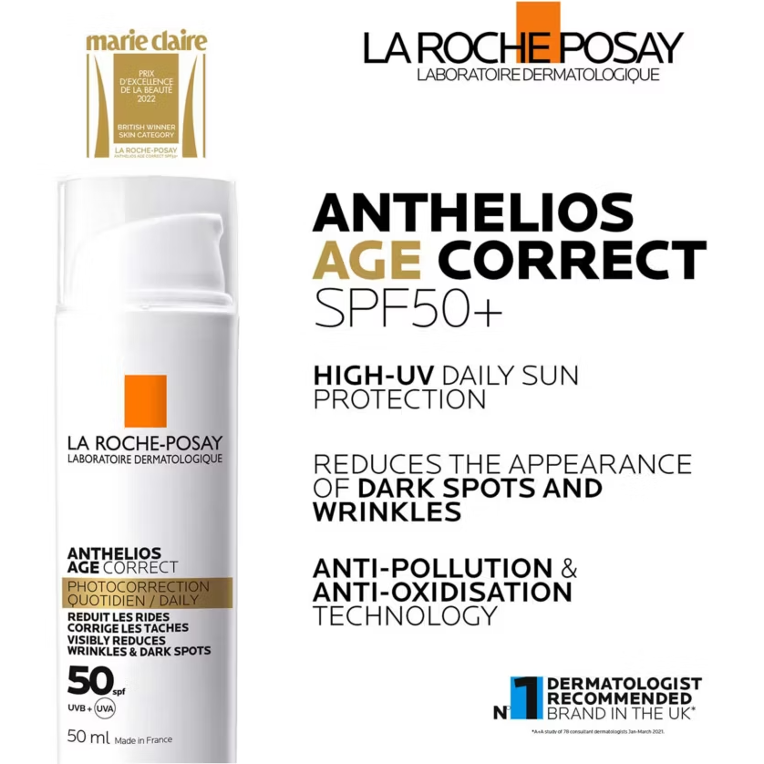 La Roche-Posay Anthelios Age Correct SPF50+ sun protection with text on a white background