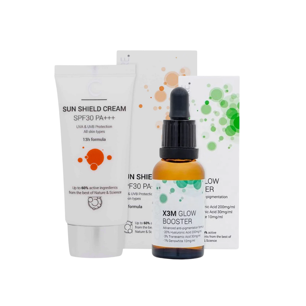 ClinicCare Sun Shield Cream SPF30 tube and X3M Glow Booster dropper bottle on white background