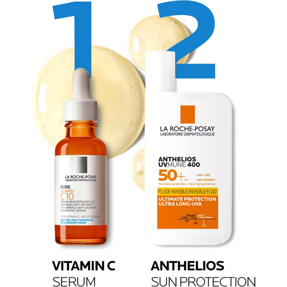 La Roche-Posay Vitamin C Serum and Anthelios Sun Protection product on a white background