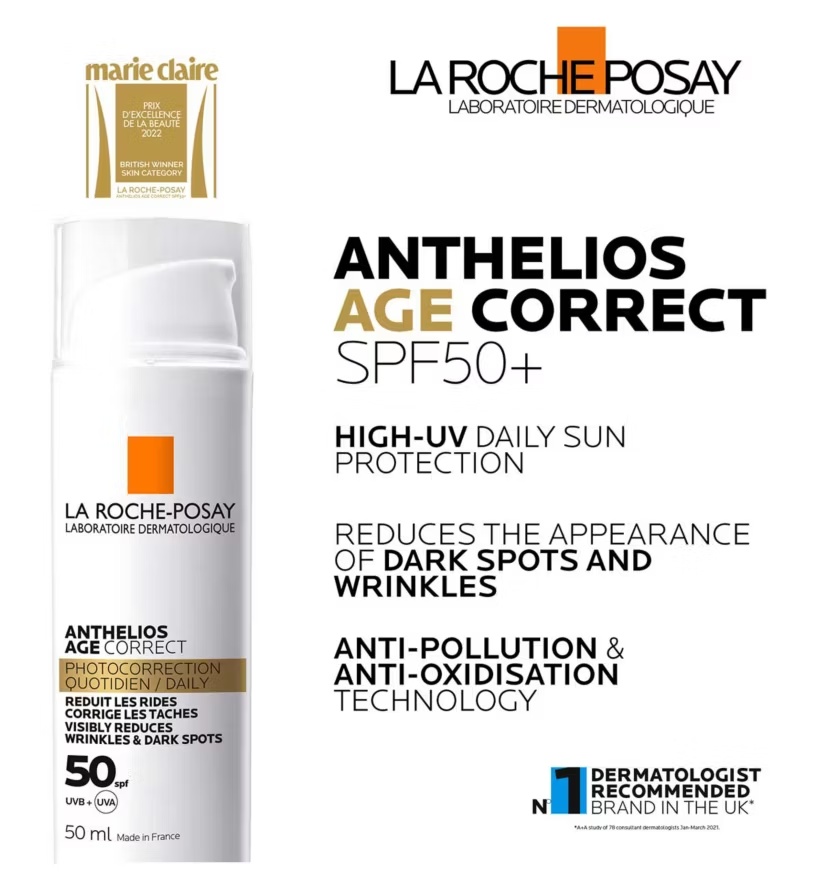 La Roche-Posay Anthelios Age Correct SPF50+ sun protection with text on a white background