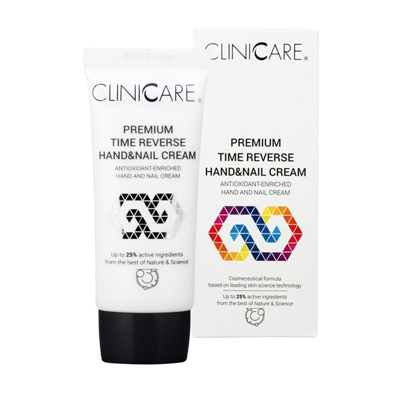 ClinicCare Premium Time Reverse Hand and Nail Cream tube and box on white background