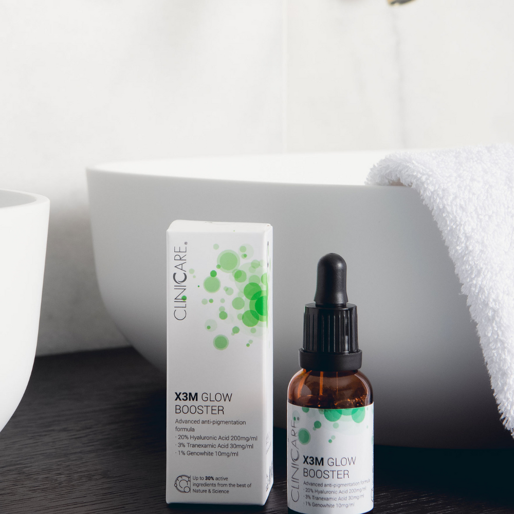 ClinicCare X3M Glow Booster promotional graphic with product description for dark spots and uneven skin tone