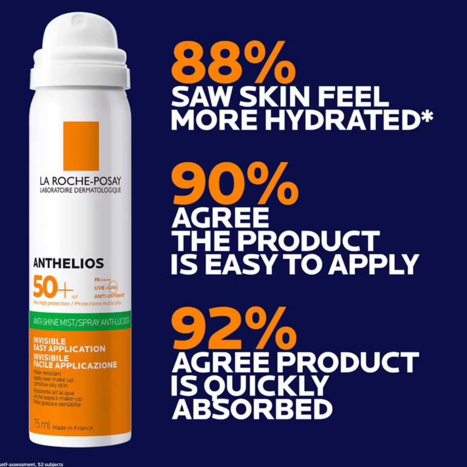 La Roche-Posay sunscreen spray with customer feedback on a blue background