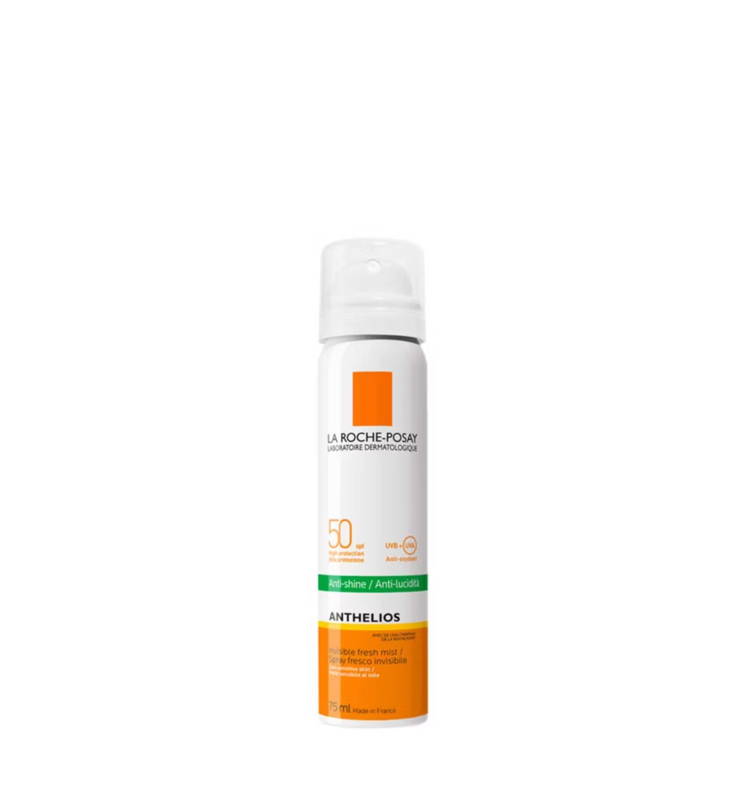 La Roche-Posay sunscreen spray bottle on a white background