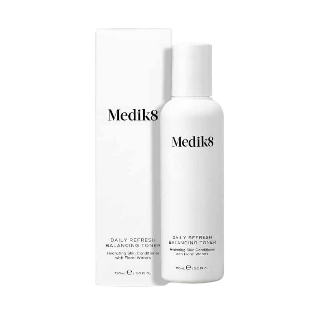 Medik8 daily refresh balancing toner, white bottle with cap, white box packaging, Free from drying alcohols, rebalances pH, deeply hydrates, effective antibacterial and anti-inflammatory properties, suitable for the most sensitive skins, leaves complexion calm, conditioned, rebalanced
