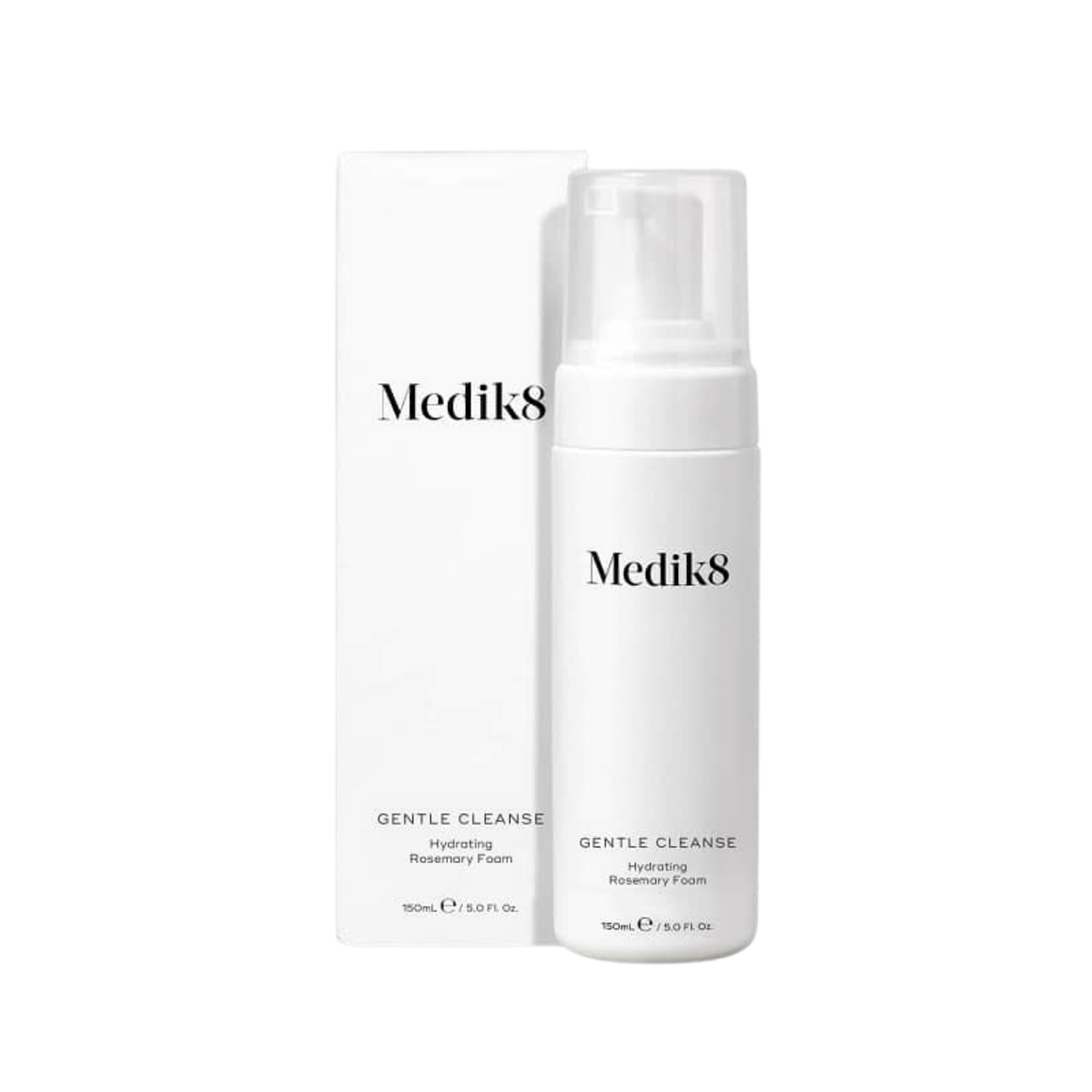 Medik8 gentle clease foaming cleanser, hydrating, ultra-gentle foaming formula, very mild, sensitive skin-friendly cleansing agents, remove daily impurities, leaves skin comfortable, pH balanced, suitable for sensitive skin, refreshed, soft, white plastic pump bottle, white box packaging