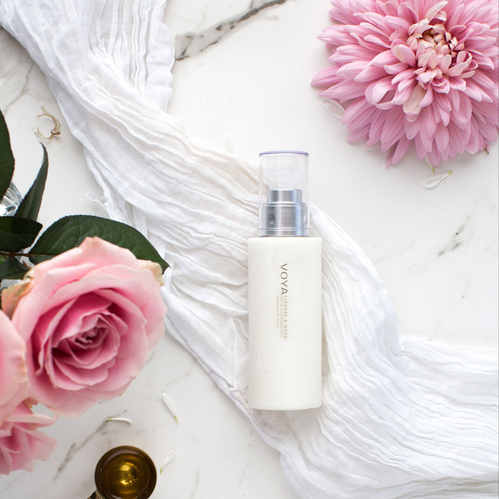 VOYA Cleanse and Mend is a luxurious, silky smooth, velvety facial cleansing milk in pump bottle with clear lid