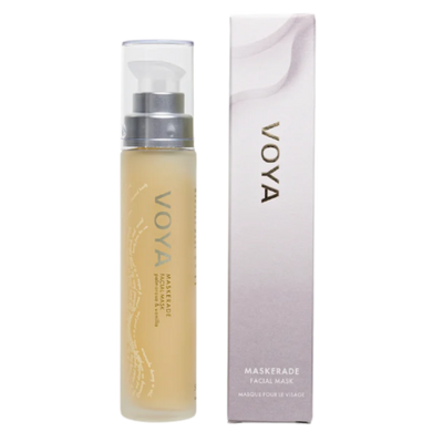 A packaged VOYA Maskerade Gel Face Mask product, with a clear tube showing the light gel texture of the mask inside, placed next to its white and silver packaging box.