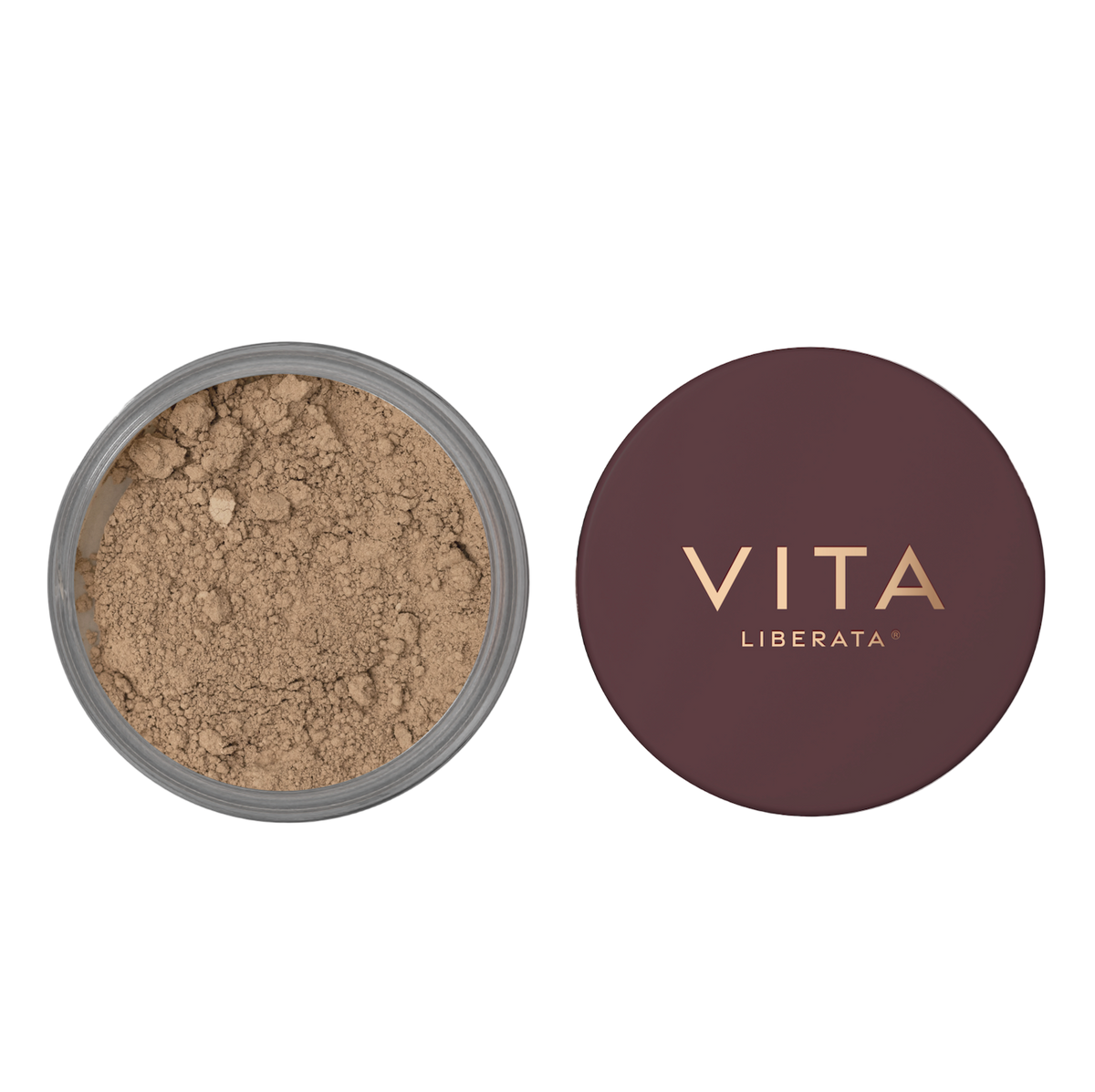 Vita Liberata Trystal Minerals powder with open container on a white background