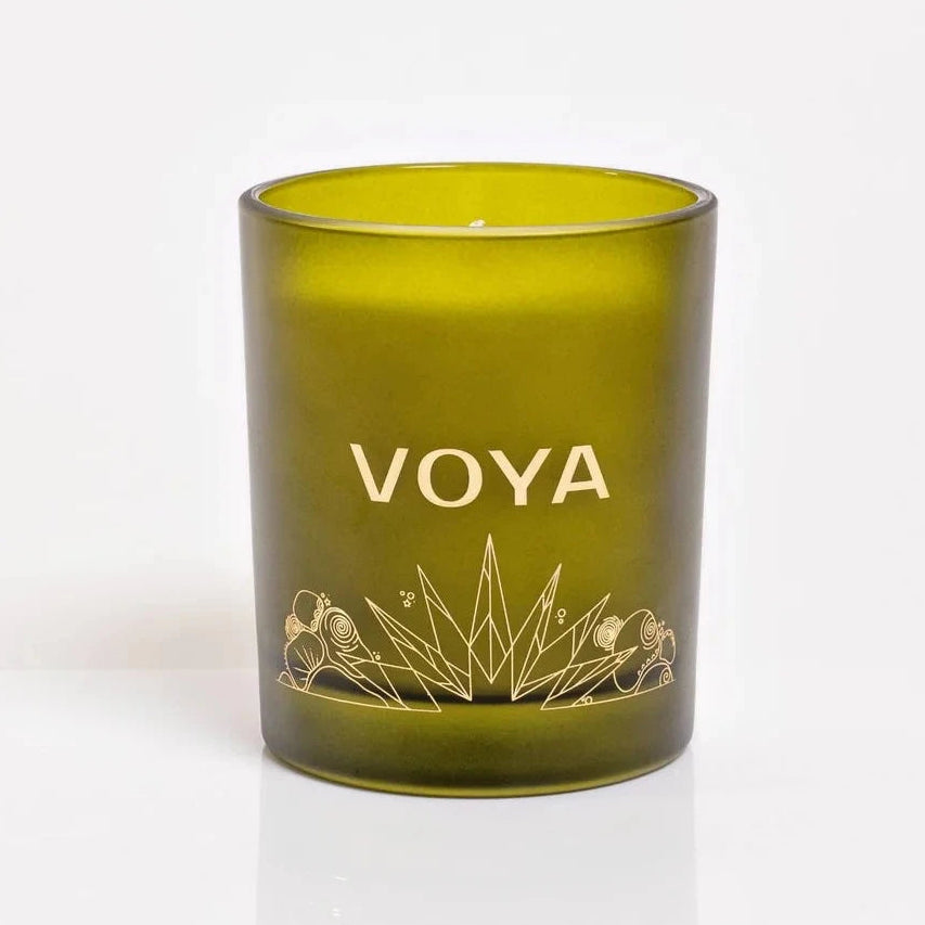 VOYA The Land of Light Christmas candle Green with 'VOYA' branding on a white background