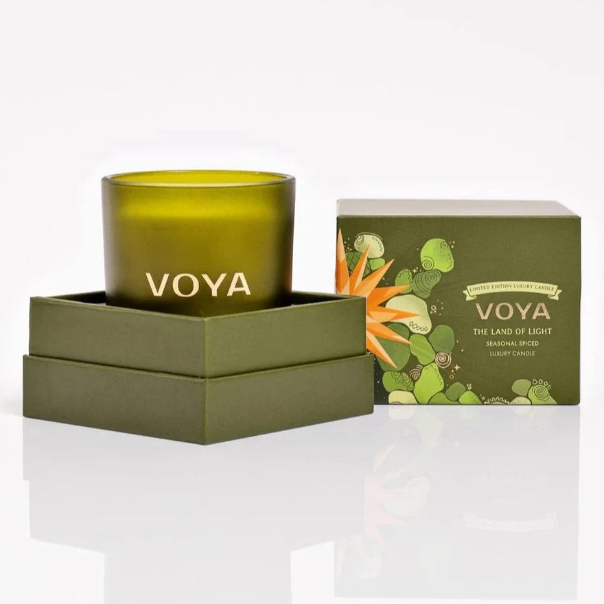 VOYA The Land of Light Christmas candle and packaging on a white background
